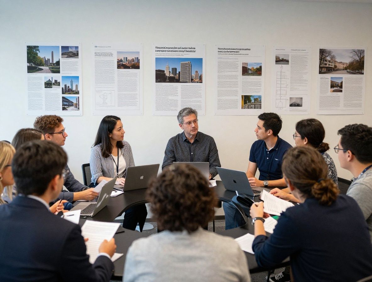 Профессиональный семинар по редактированию: группа из 12 участников обсуждает материалы, на стенах развешаны распечатки статей и редакционные схемы, светлый офис в Чикаго