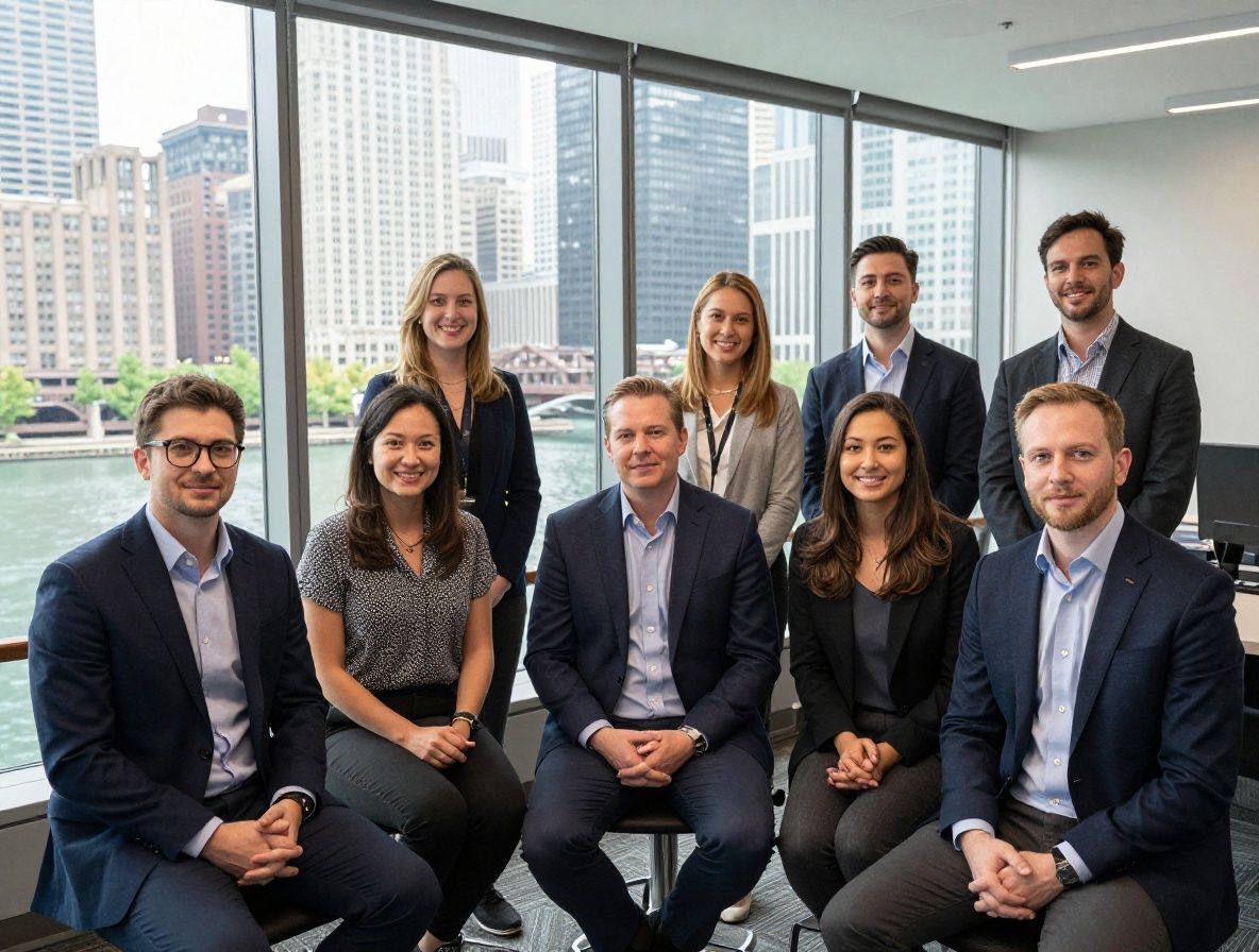 Команда преподавателей Veritaso: восемь профессионалов в современном конференц-зале с панорамным видом на Чикаго-ривер, деловая обстановка