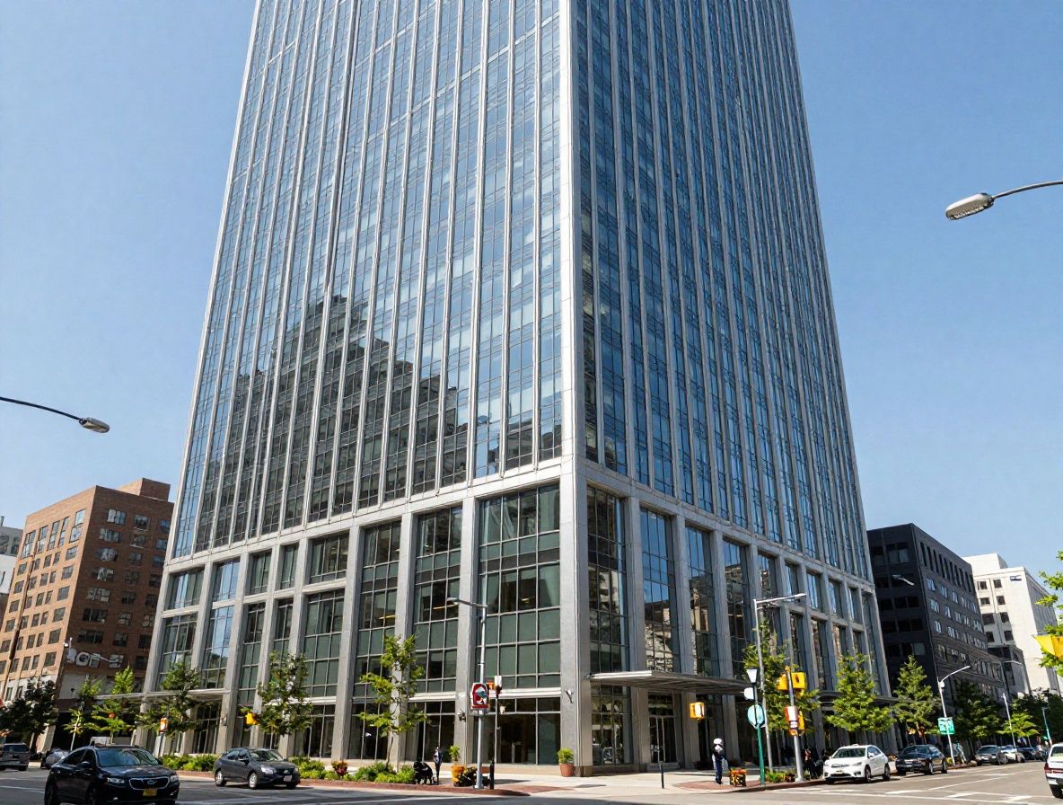 Современное офисное здание 225 West Wacker Drive в Чикаго, стеклянный фасад, деловой район Loop, вид с улицы