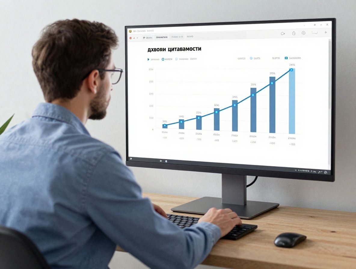 Аналитик изучает медиапоказатели на большом экране с графиками охвата и цитируемости, аналитический отдел редакции