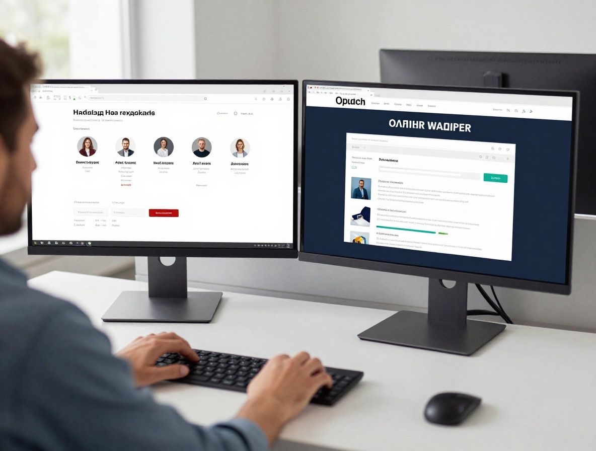 Дизайнер медиа работает на двух мониторах с открытым макетом онлайн-издания и аналитическими дашбордами, современный офис