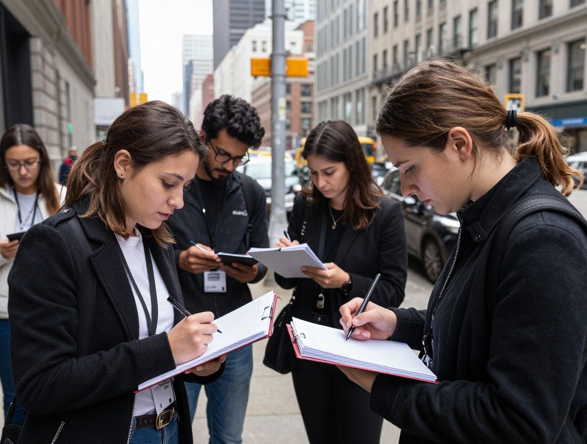 Молодой журналист с диктофоном берёт интервью у эксперта на фоне Чикаго-ривер, городская журналистика