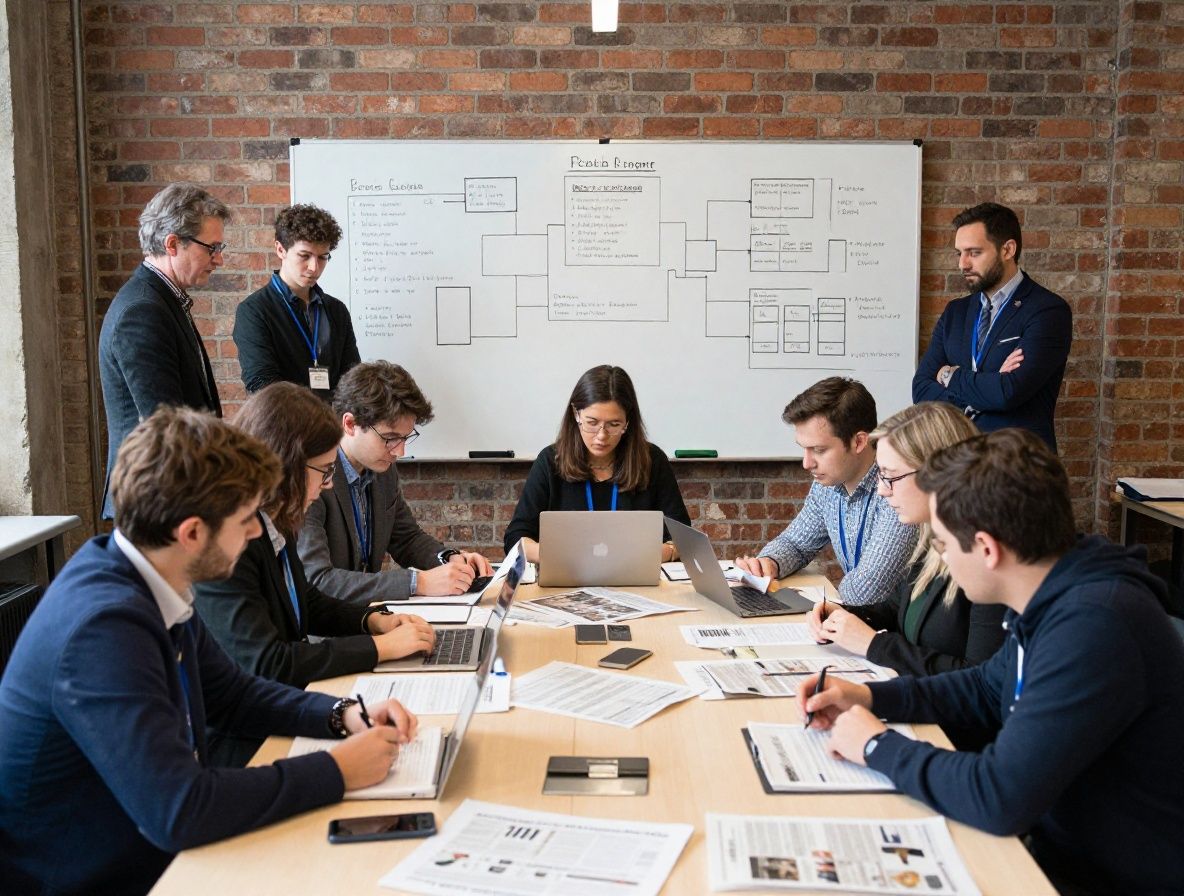 Интенсивный редакционный воркшоп: группа из 8 профессионалов с ноутбуками разбирает журналистский материал, доска с редакционным планом, кирпичные стены Чикаго