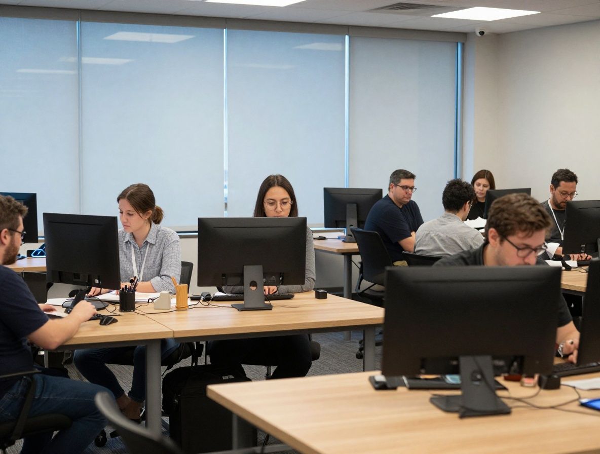 Современный редакционный зал с журналистами за работой, открытое пространство с деревянными столами, Mac-мониторами и стеклянными стенами, Чикаго