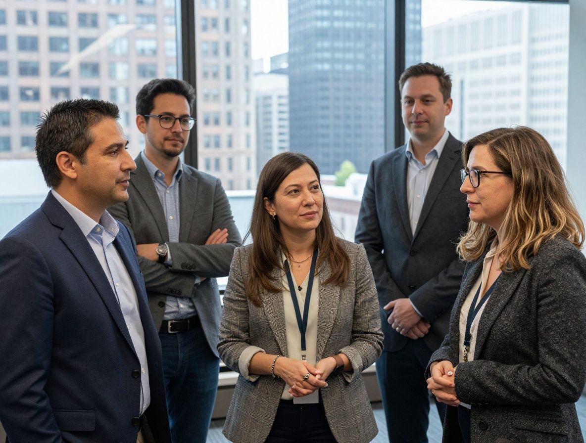 Группа преподавателей Veritaso в конференц-зале с видом на Чикаго: четверо мужчин и три женщины в профессиональной одежде, непринуждённая беседа о журналистике